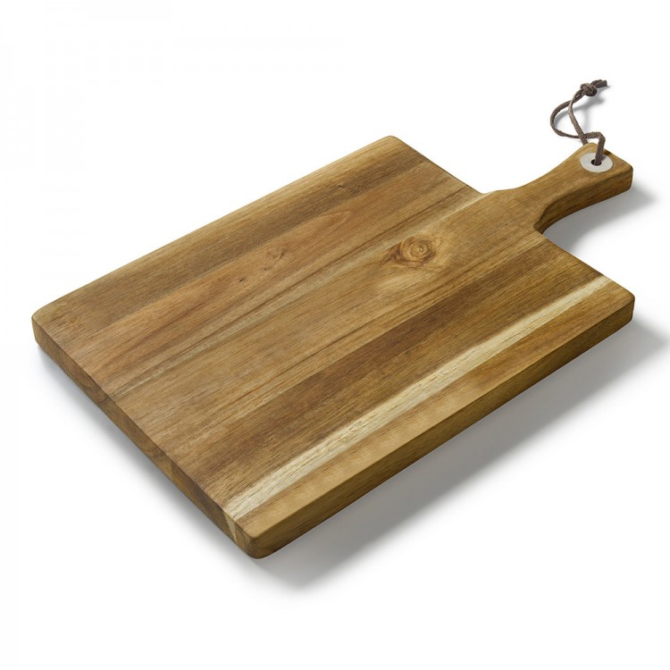 Tagliere in acacia con manico e laccio pelle